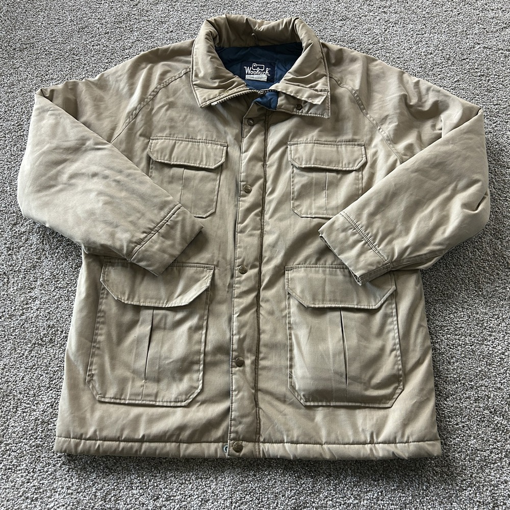 Vintage Woolrich Jacket Mens Large Beige Canvas Parka Insulated Lined Warm USA